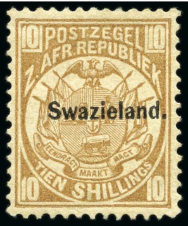 1889-90 10s yellow-brown "official reprint" with stop after "Swazieland", mint og