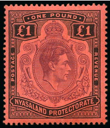 Stamp of Nyasaland » Nyasaland Protectorate 1938-44 £1 Purple & Black on red with serif on "G" of "POSTAGE" variety, mint lh
