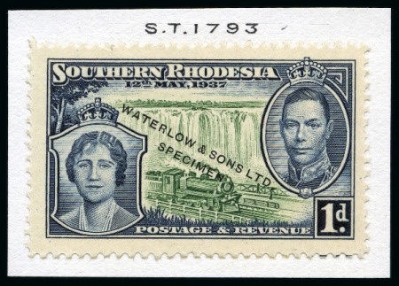 1937 Coronation 1d colour trial in dark grey-blue and green with "WATERLOW & SONS LTD. / SPECIMEN" hs