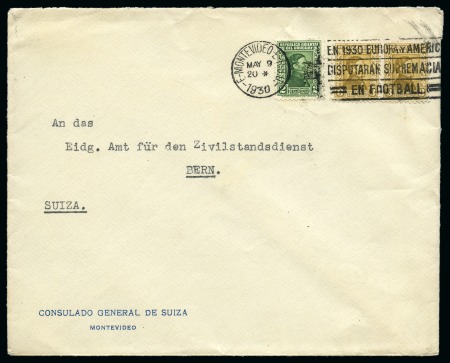 Stamp of Topics » Sport and Games » Football 1930 WORLD CUP: 1930 (May 9) Envelope with stamps tied by "EN 1930 EUROPA Y AMERICA DISPUTARA SUPREMACIAS EN FOOTBALL" slogan cancel