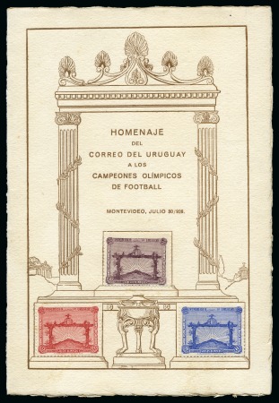 URUGUAY: 1928 Olympic Football Champions set of three affixed in a Postal Administration folder