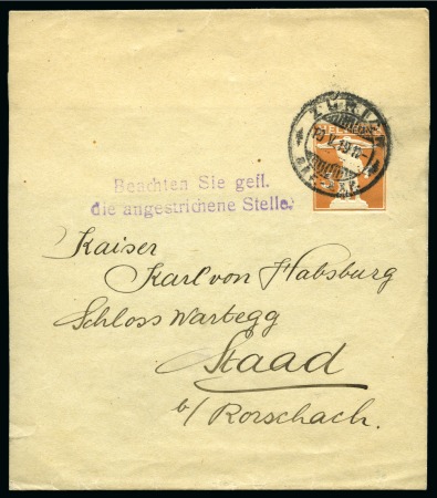 Stamp of Switzerland / Schweiz » Ganzsachen » Streifbänder 1919, Zeitungsstreifband, dem Ehemaligen Kaiser K. von Habsburg, damals in die Schweiz ins Exil adressiert
