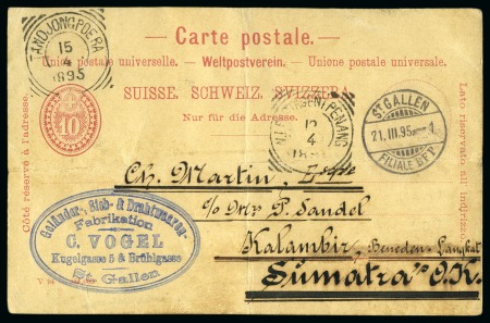 Stamp of Switzerland / Schweiz » Ganzsachen » Postkarten 1895, 10 Rp. Ganzsache nach Tandjongpoera (Ned. Westindien) adressiert