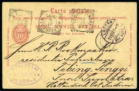 Stamp of Switzerland / Schweiz » Ganzsachen » Postkarten 1897, 10 Rp. Ganzsache nach Tebing Tinggi (Ned. Westindien) adressiert