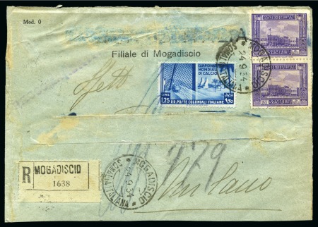 Stamp of Topics » Sport and Games » Football 1934 World Cup Italian Colonies 1L25c along with Somalia 50c pair on cover sent registered to Italy