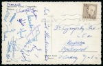 1954 Postcard sent from Stockholm to Budapest in August with the signatures of Budapest Honved FC team players
