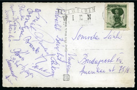 Stamp of Topics » Sport and Games » Football 1954 Postcard mailed from Vienna on April 17, 1954 with the signatures of the Budapest Honved FC team players (Puskas, Kocsis, Czibor, Boszik, Lorant etc.)
