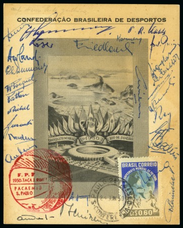 1950 World Cup: Official commemorative card franked with the 0,60cr World Cup stamp and signed by the players of the Swiss national football team