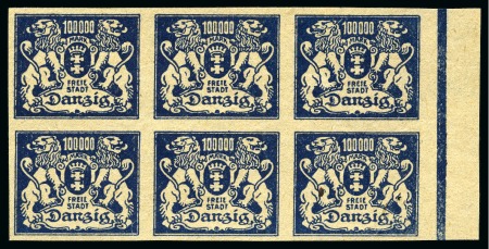 Stamp of Germany » Danzig 1923 100'000M imperf. proof on yellowish unwatermarked paper in block of six