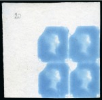1840 1d Rainbow trial, state 3, in deep blue on stout white wove paper in top right corner marginal block of four