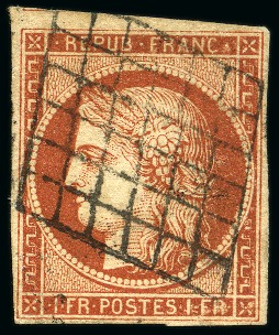 Stamp of France » Type Cérès de 1849-1850 1849, Cérès 1 franc VERMILLON oblitération grille finement