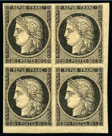 Stamp of France » Type Cérès de 1849-1850 1849, Cérès 20c noir sur jaune en bloc de 4 neuf en coin de feuille