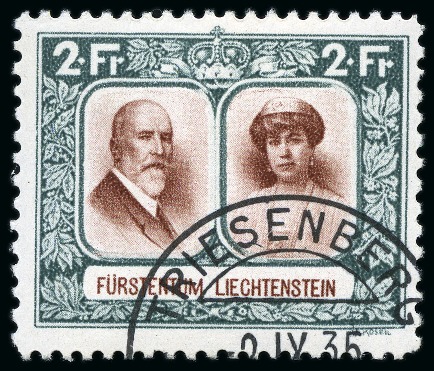 Stamp of Liechtenstein 1930, Fürstenpaar 2 Fr. mit Mischzähnung 11 1/2 : 10 1/2, sauber gestempelt