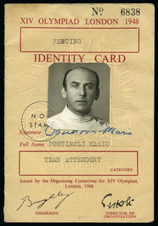 1948 London identity card for an Italian team attendant for the Fencing team