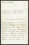 Pierre de Coubertin handwritten letter addressed to the President of the Paris Municipal Council, signed "Pierre de Coubertin"