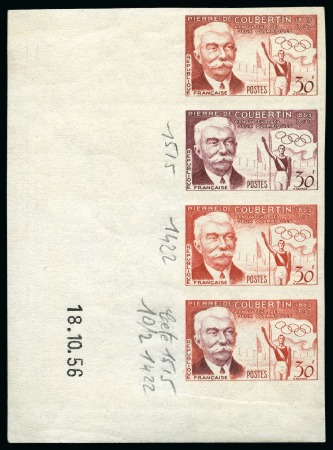 FRANCE: 1956 30F vert. strip of four colour trials (different colours) in corner marginal with date