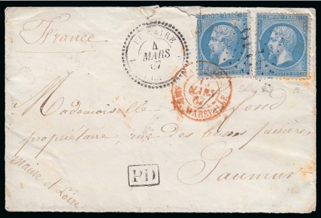 Stamp of Egypt » French Post Offices » Cairo 1867 (4.3) Letter from Cairo to Saumur, France, franked