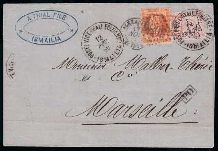 1869 (12.11) Cover from Ismalia via Alexandria to Marseille,