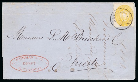 Stamp of Egypt » Austrian Post Offices » Alexandria 1864 (25.3) Folded cover to Trieste, franked 1863 2s. yellow, perforation 14, tied “ALEXANDRIEN/25.3” small type datestamp