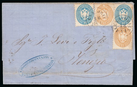 1864 (18.11) Folded cover to Venice, franked 1864 10 s. blue and 15 s. brown, two singles of each value tied ALEXANDRIEN cds