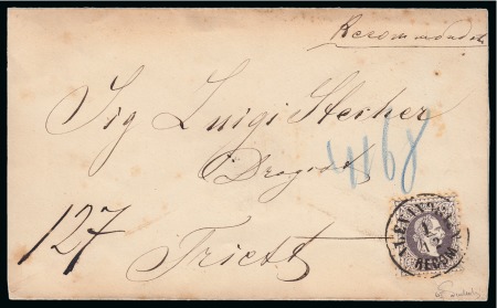 Stamp of Egypt » Austrian Post Offices » Alexandria 1875 (1.12) Registered envelope to Trieste, franked 1874 25 s. lilac tied ALEXANDRIEN/1.12/ RECOM circular datestamp