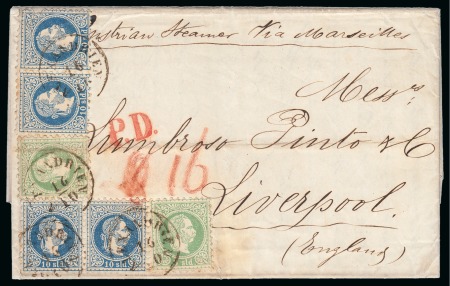 Stamp of Egypt » Austrian Post Offices » Alexandria 1870 (16.10) Folded entire to Liverpool, franked 3 s. green two singles and 10 s. blue in two pairs
