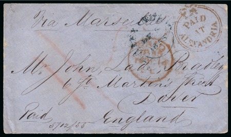 Stamp of Egypt » British Post Offices » Alexandria 1855 (5.12) Envelope from Alexandria to Dover, England, with red “Crowned Circle” PAID AT ALEXANDRIA