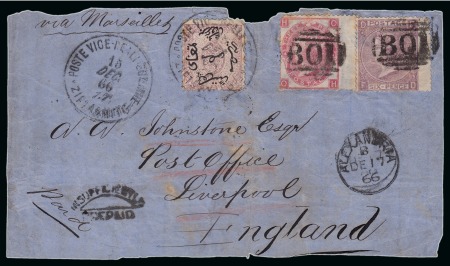 Stamp of Egypt » British Post Offices » Mixed Frankings 1866 (15.12) Cover front from Zifta to Liverpool, England,