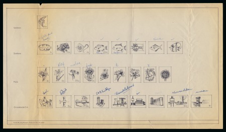 1974 Definitive issue series of 9 preliminary ink drawings of fish by the artist Ernst de Jong in Pretoria made in 1970