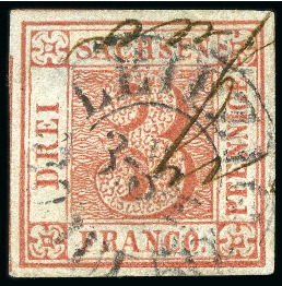1850 3pf Brick Red with large even margins showing cutting lines of the Saxon system on two sides, used