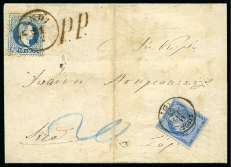 Stamp of Austria » Austrian Levant CRETE: 1868 Lettersheet from the Austrian office in Candia to Syros with 1867 10s tied by Candia cds with "PP" hs adjacent, ms "20" and Greece Large Hermes Head
