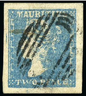 Stamp of Mauritius » 1859 Dardenne Issue (SG 41-44) 1859 Dardenne 2d. pale blue, position 49, used with large margins, barred oval cancel