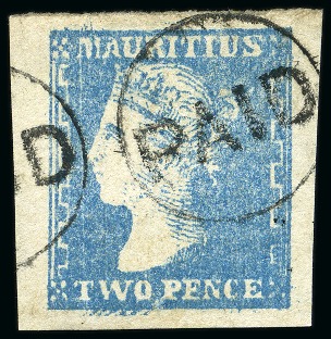 Stamp of Mauritius » 1859 Dardenne Issue (SG 41-44) 1859 Dardenne 2d. pale blue, position 58 showing "feather" flaw below "TWO", used with large to huge margins
