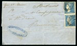 1859 Dardenne 2d. blue, positions 6/12 with top stamp showing "feather" flaw, vertical pair tied by barred oval cancels to 1860 wrapper from Port Louis to Réunion