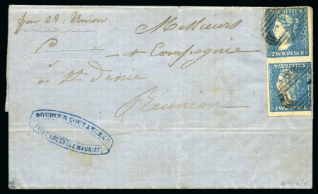 Stamp of Mauritius » 1859 Dardenne Issue (SG 41-44) 1859 Dardenne 2d. blue, positions 6/12 with top stamp showing "feather" flaw, vertical pair tied by barred oval cancels to 1860 wrapper from Port Louis to Réunion