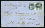 1859 Dardenne 2d. blue, positions 69-70 with left stamp showing RETOUCHED NECK variety tied by barred oval cancels to 1860 wrapper from Port Louis to Réunion