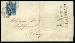 1859 Dardenne 2d. blue, position 60, tied to large part lettersheet from Port Louis to Flacq, with "ADVERTISED / UNCLAIMED" handstamp