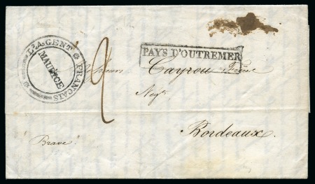 Stamp of Mauritius » Pre-Stamp & Stampless Postal History 1838 (April 28) Lettersheet from St. Denis, Reunion, to France with "L'AGENT / FRANCAIS / MAURICE" forwarding agents cachet