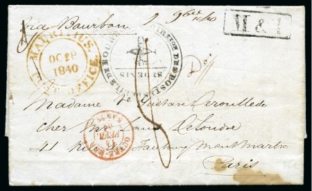 Stamp of Mauritius » Pre-Stamp & Stampless Postal History 1840 (Oct 26) Entire from Port Louis "via Bourbon" (Réunion) to France, with Mauritius double circle despatch cds