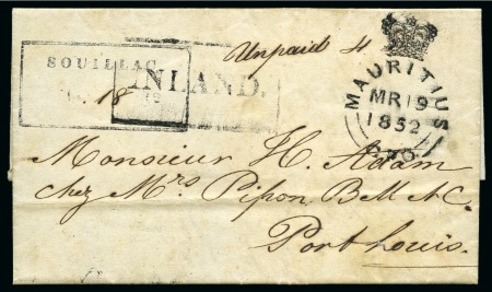 Stamp of Mauritius » Pre-Stamp & Stampless Postal History 1852 (Mar 17) Entire from Souillac to Port Louis sent unpaid with framed "SOUILLAC" ds