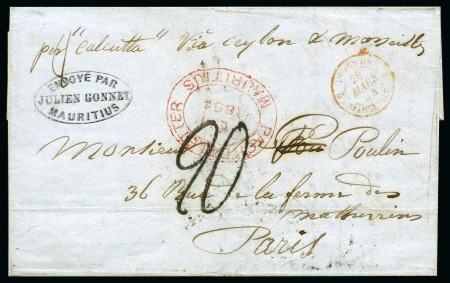 Stamp of Mauritius » Pre-Stamp & Stampless Postal History 1854 (Feb 11) Wrapper from Mauritius to France with "ENVOYÉ PAR / JULIEN GONNET / MAURITIUS" commercial cachet