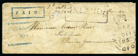 Stamp of Mauritius » Pre-Stamp & Stampless Postal History 1852 (Nov 10) Envelope from Mahébourg to Port Louis with blue "PAID" and Mahébourg boxed ds