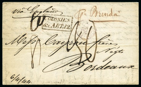 1844 & 1847 Pair of covers to France with different "COLONIES & c.ART" hs