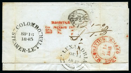 Stamp of Mauritius » Pre-Stamp & Stampless Postal History 1845 (Aug 13) Entire from Port Louis to France with "MAURITIUS / STG. POSTAGE PAID / INLD. Do. .. / SHIP Do. .." hs in red