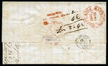 Stamp of Mauritius » Pre-Stamp & Stampless Postal History 1845 (Nov 3) Entire from Port Louis to France with "MAURITIUS / STG. POSTAGE PAID / INLD. Do. .. / SHIP Do. .." hs in red