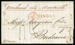 1845 (Nov 3) Entire from Port Louis to France with "MAURITIUS / STG. POSTAGE PAID / INLD. Do. .. / SHIP Do. .." hs in red