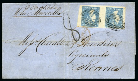 Stamp of Mauritius » 1859 Dardenne Issue (SG 41-44) 1859 Dardenne 2d. pale blue, positions 41-42, pair with good to huge margins, tied to 1860 (Mar 8) wrapper to France