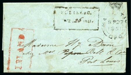 Stamp of Mauritius » Pre-Stamp & Stampless Postal History 1851 (Sep 27) Entire sent locally from Souillac to Port Louis with framed "INLAND." hs IN RED