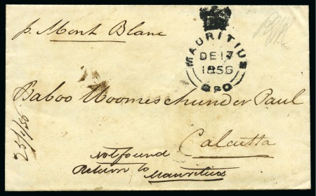 Stamp of Mauritius » Pre-Stamp & Stampless Postal History 1857 (Dec 17) Envelope sent from Mauritius to India with ms notation on arrival "Not found / Return to Mauritius" plus returned letter cover