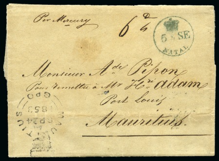 Stamp of Mauritius » Incoming Mail NATAL: 1853 (Sep 5) Wrapper from NATAL to Mauritius with blue Natal crown in circle ds